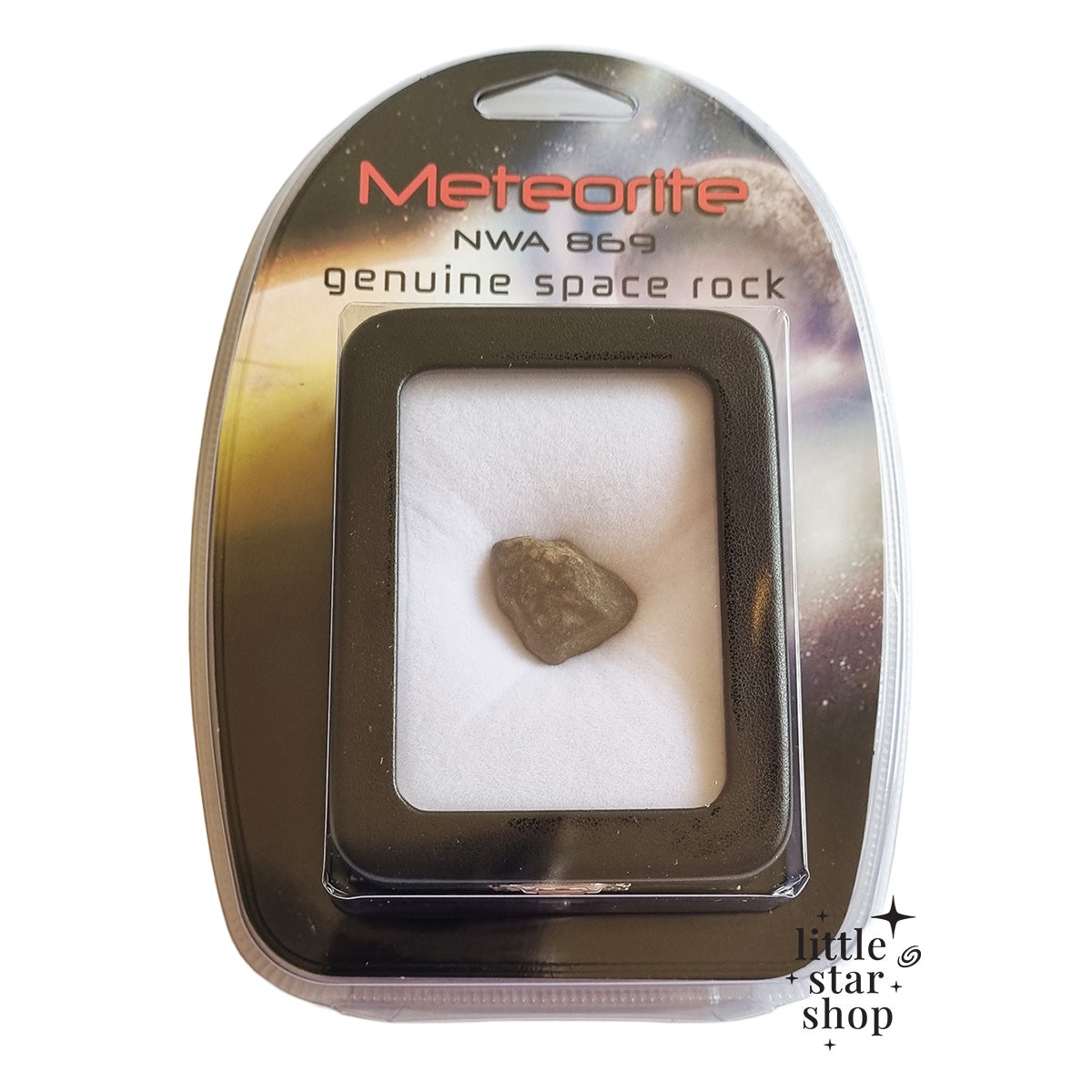 Package of a meteorite labeled 'NWA 869' with 'little star shop' branding.