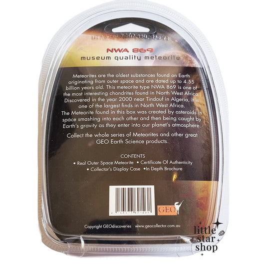 Back view of a meteorite packaging with text and GEO logo.