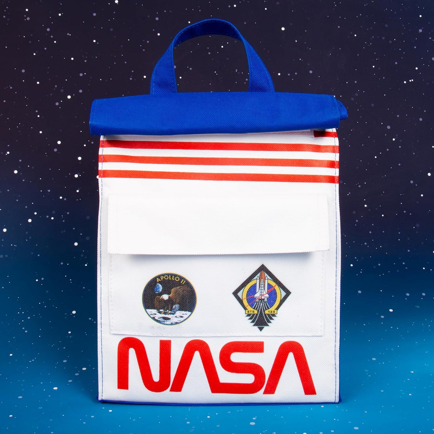 NASA-themed bag with blue top and red stripes against a space-themed background