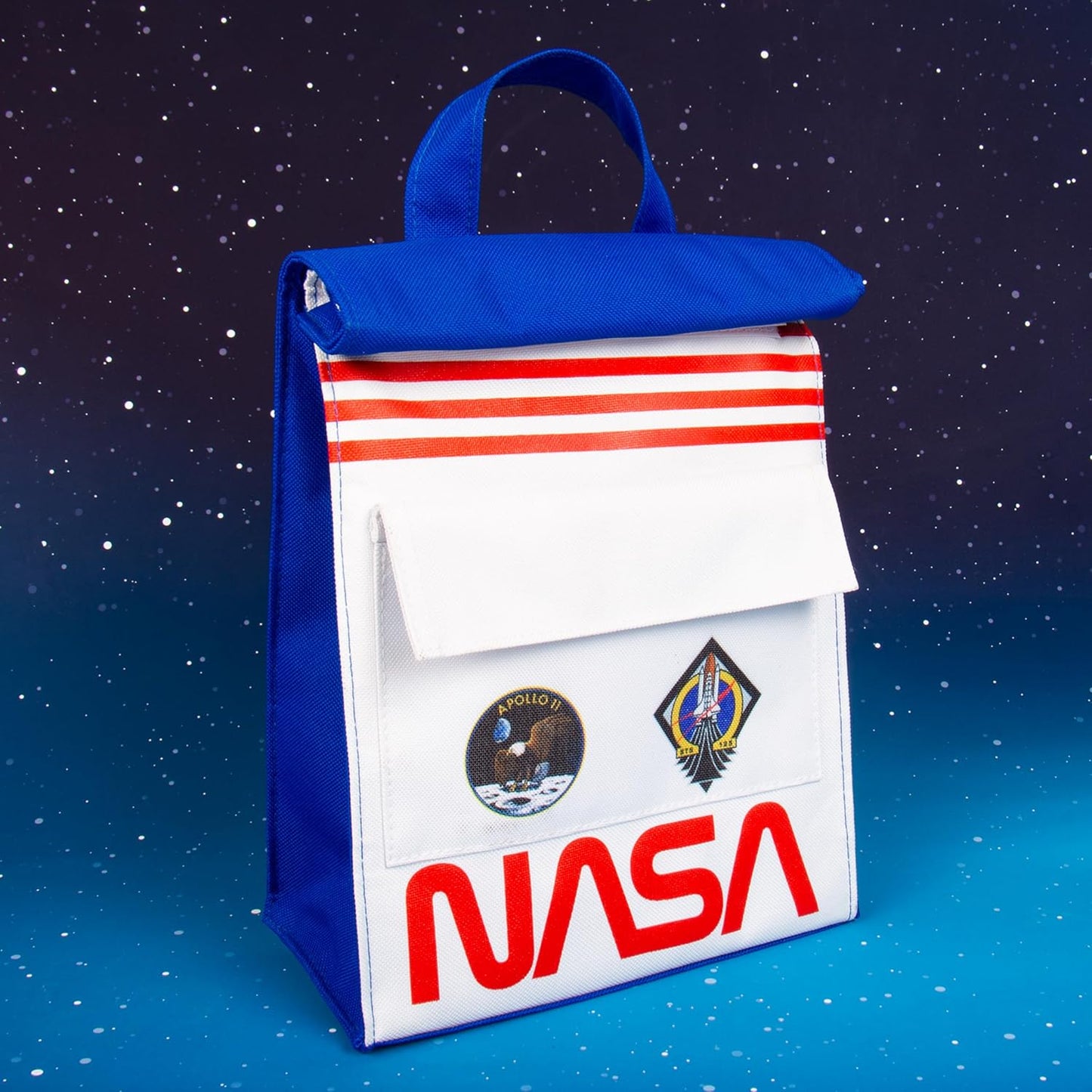 NASA-themed bag with blue handle against a space-themed background