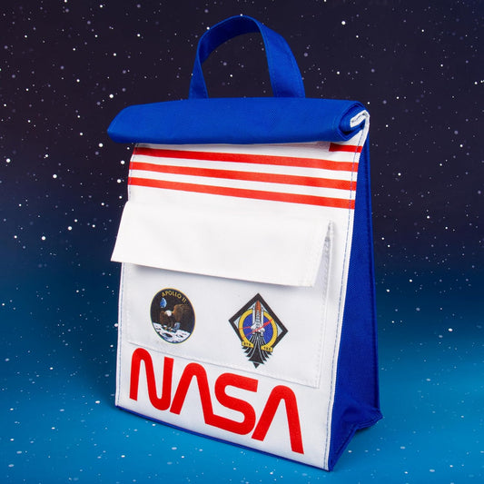 NASA-themed bag with blue and white design against a space-themed background