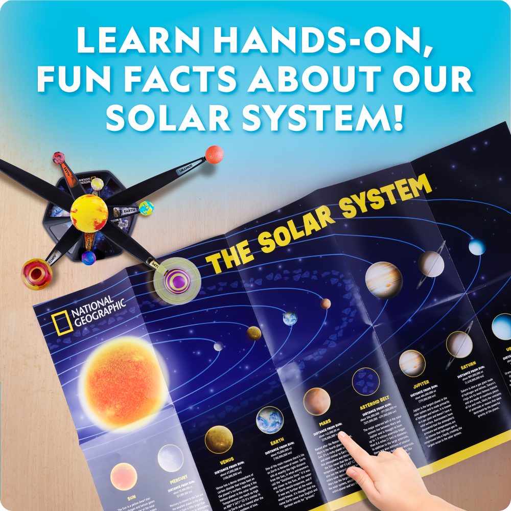 Educational solar system model with National Geographic branding and text about learning about the solar system.