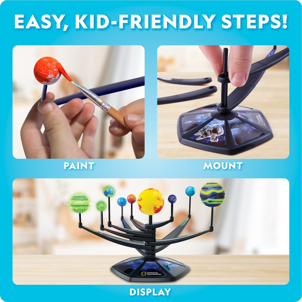 Step-by-step guide to creating a DIY solar system model with paint, mount, and display stages.