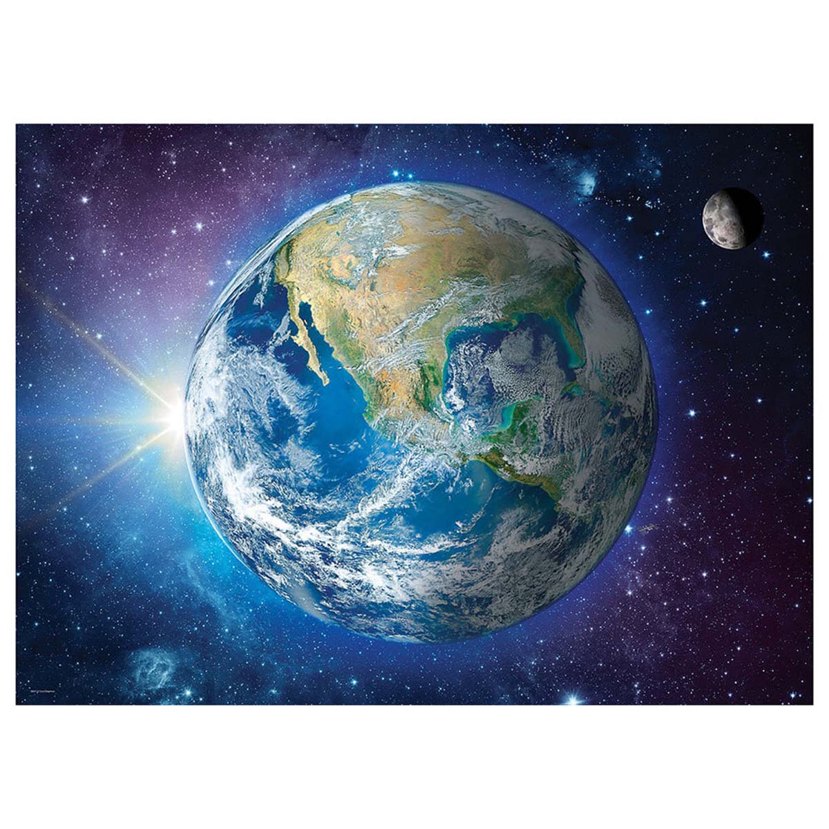 Earth from space with a bright sun and moon in the background