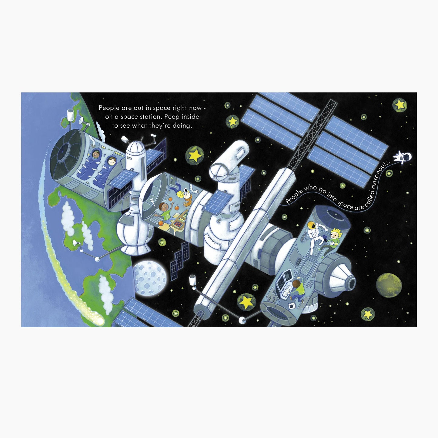 Illustration of a space station with astronauts on Earth's globe in the background