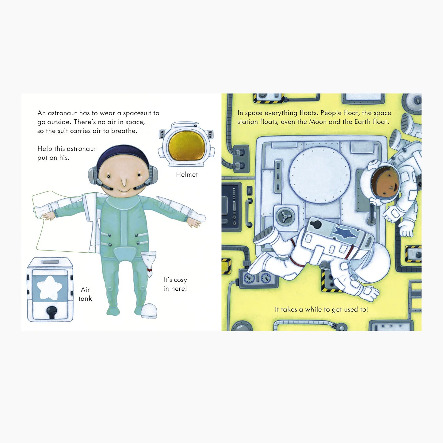 Illustration of an astronaut and space suit components with text on a white background