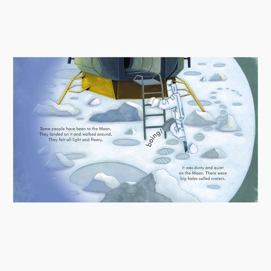 Illustration of a person on the moon with text about space exploration.