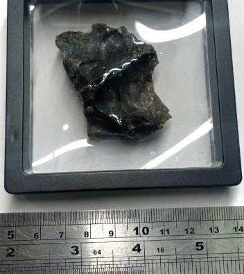 Mineral sample in a display case with a ruler for scale on a white background