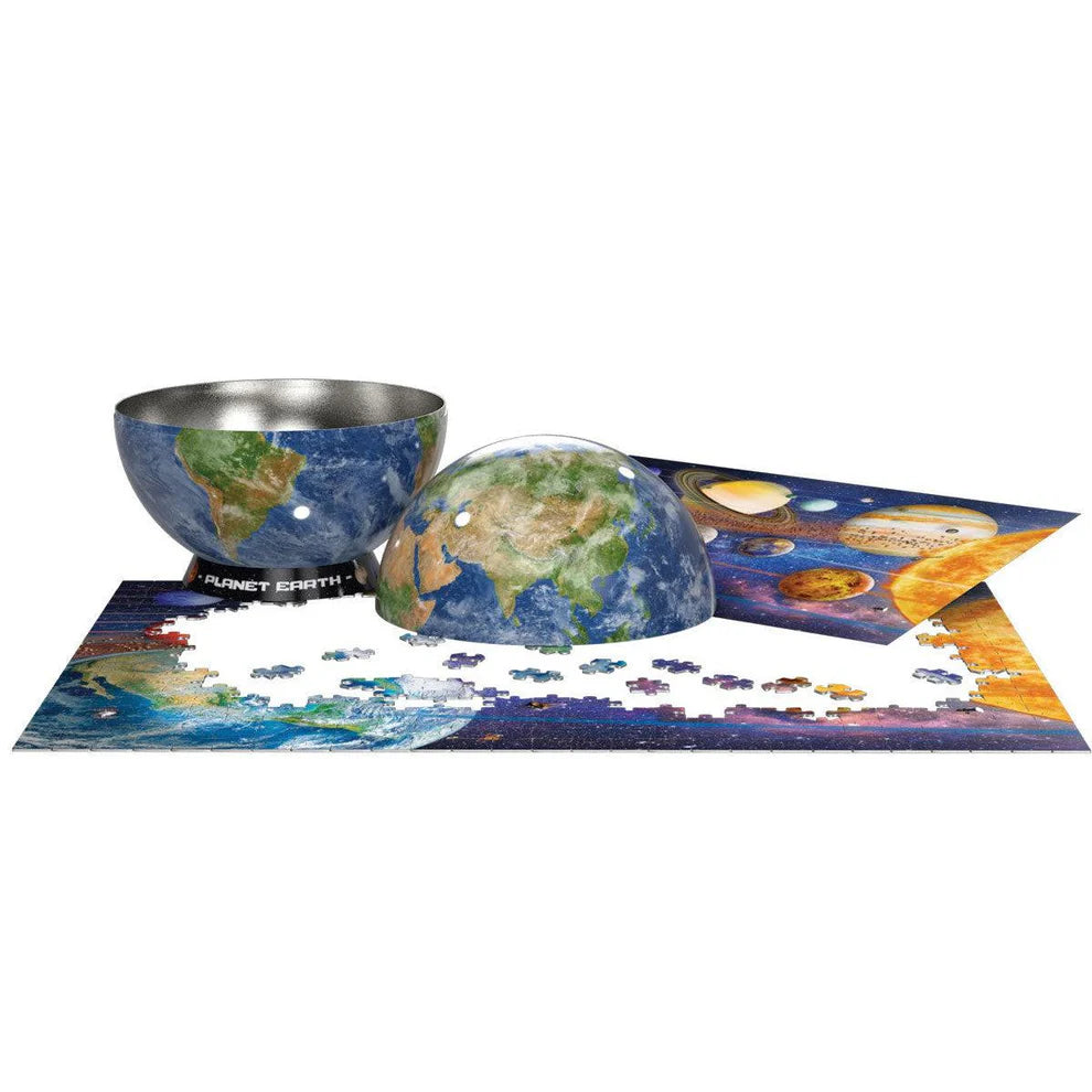 Planetary-themed puzzle with bowl and placemat on a white background
