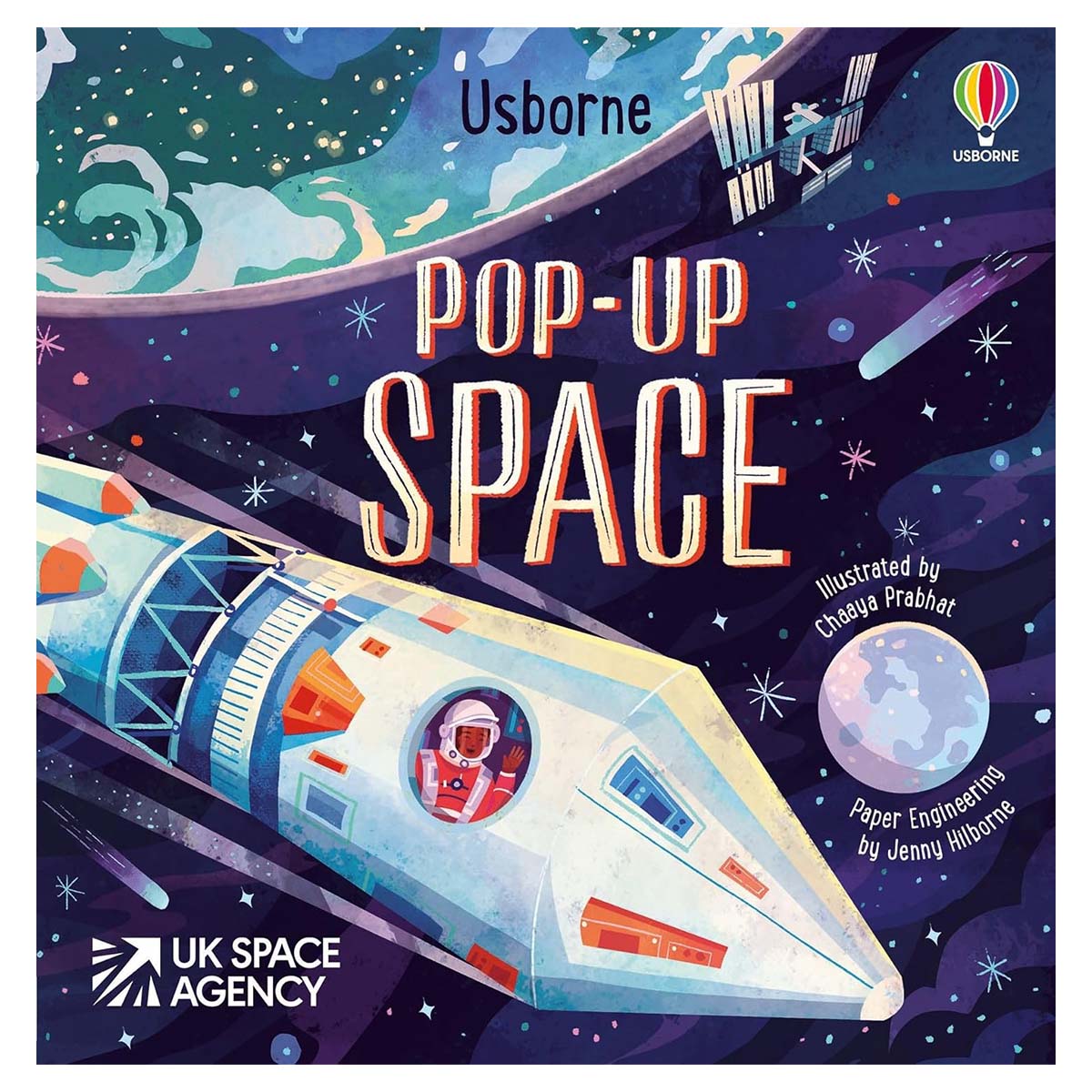 Book cover of 'Pop-Up Space' by Usborne with a space-themed illustration and text.