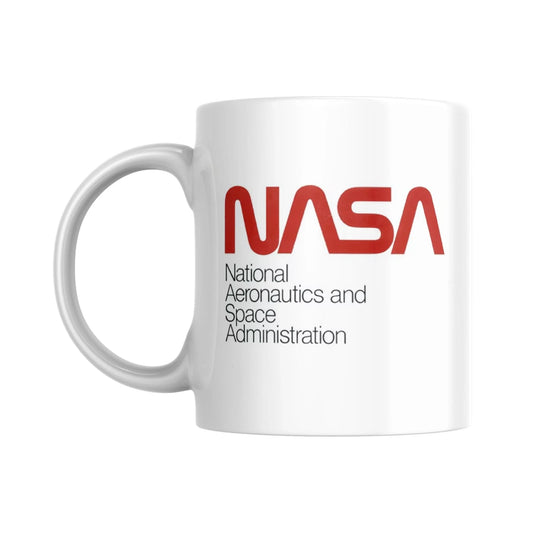 White mug with NASA logo and text on a white background