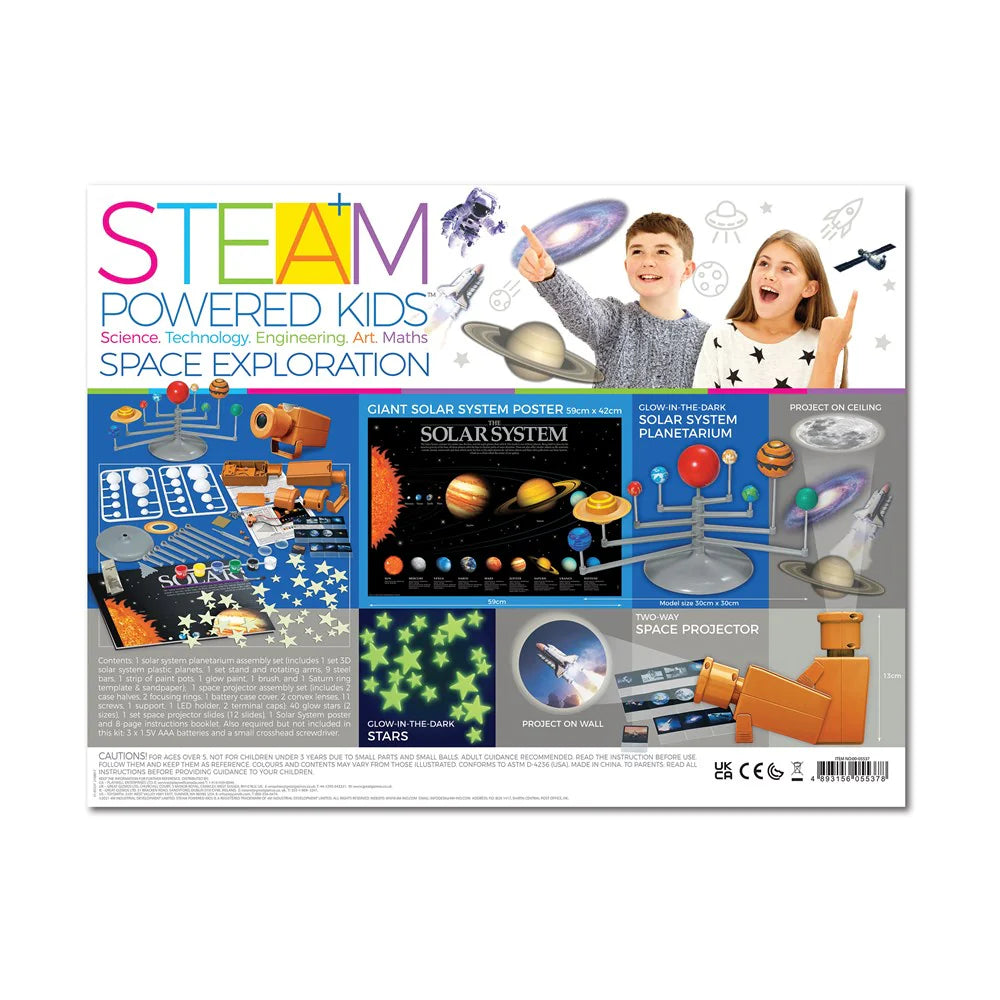 Box of STEAM powered kids space exploration kit with colorful graphics and images of children playing.