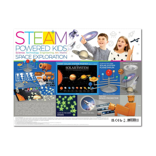 Box of STEAM powered kids space exploration kit with colorful graphics and images of children playing.