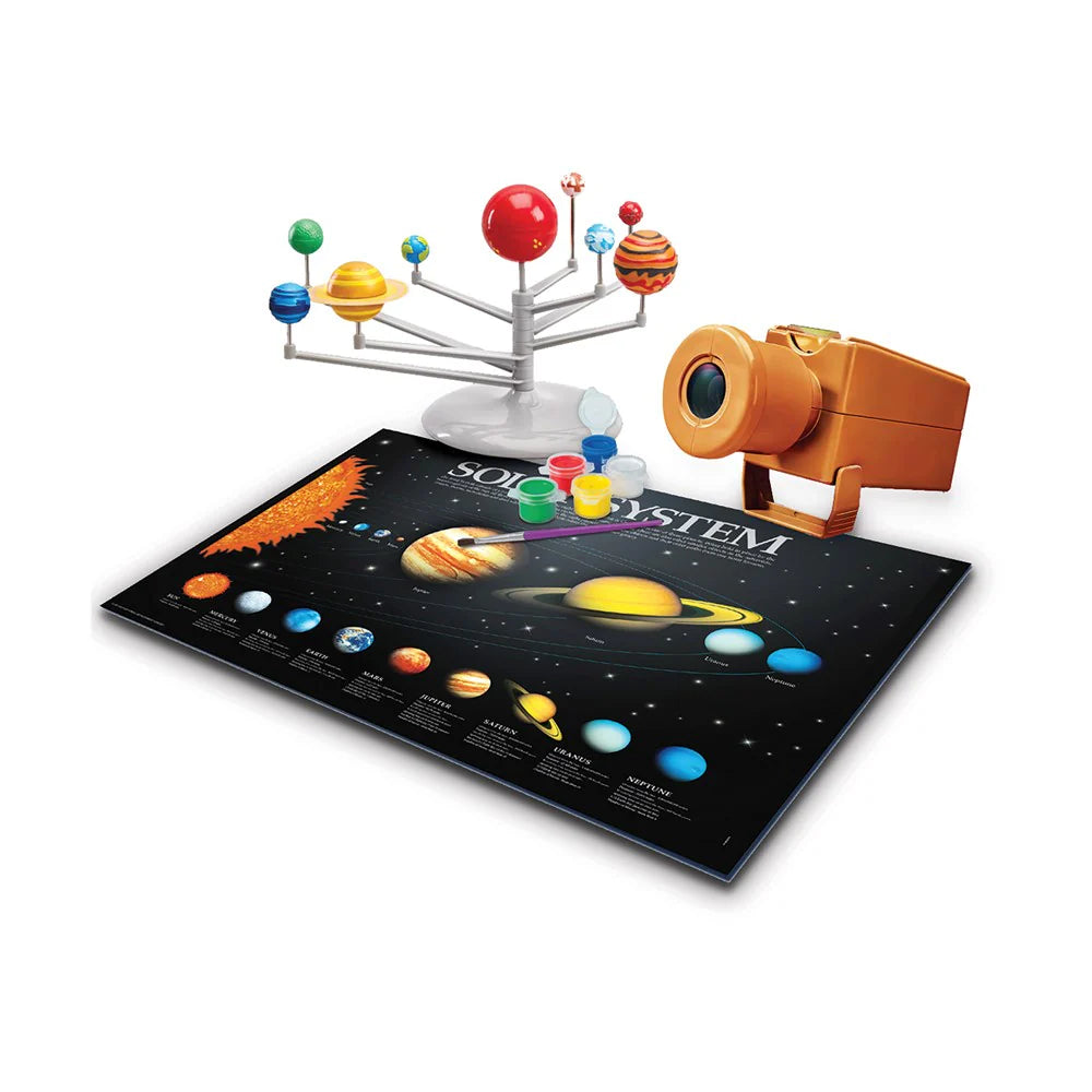 Solar system model with planets and a projector on a white background