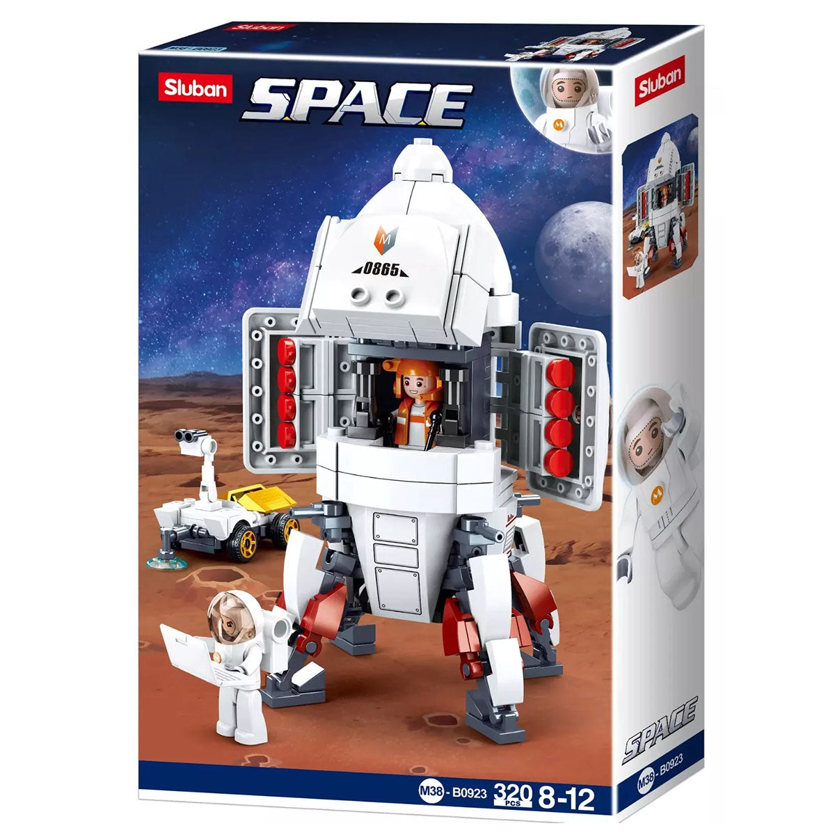 Sluban Space toy set packaging with astronaut figures and space station model on a white background