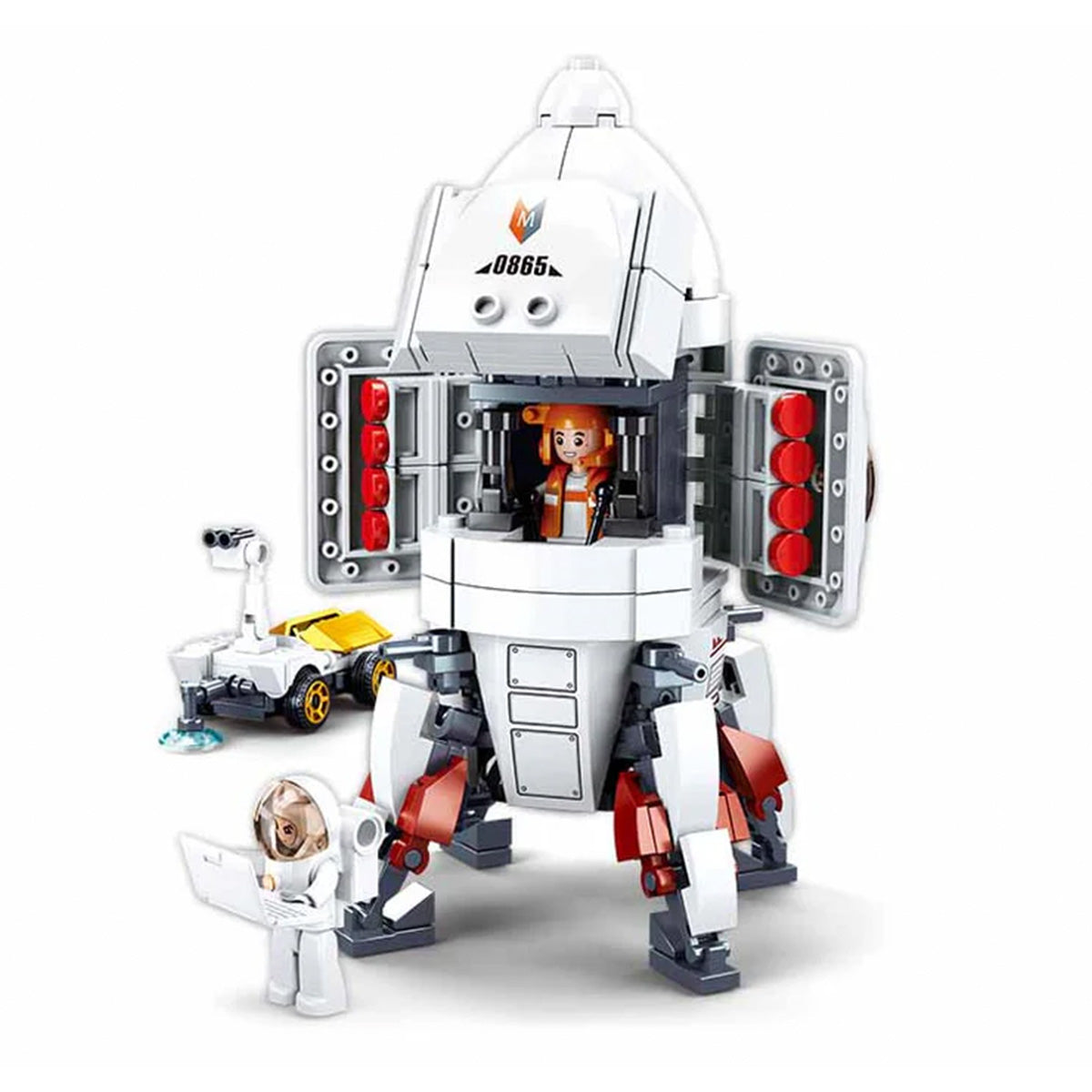 Toy space station model with figures and vehicles on a white background