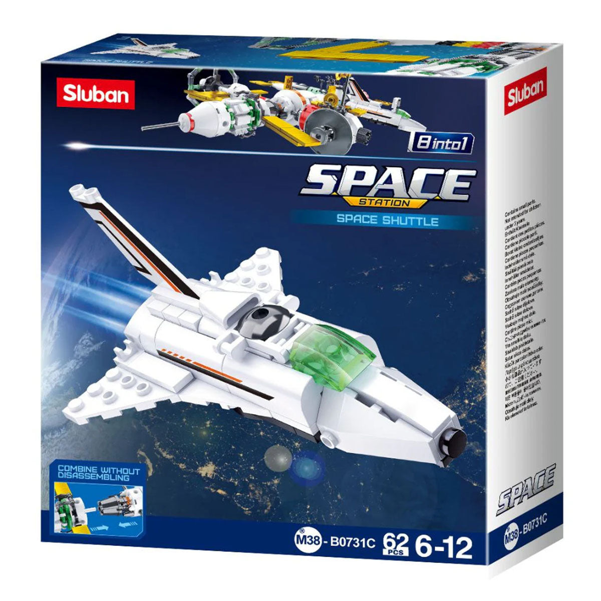 Sluban Space Shuttle building kit packaging with space-themed design