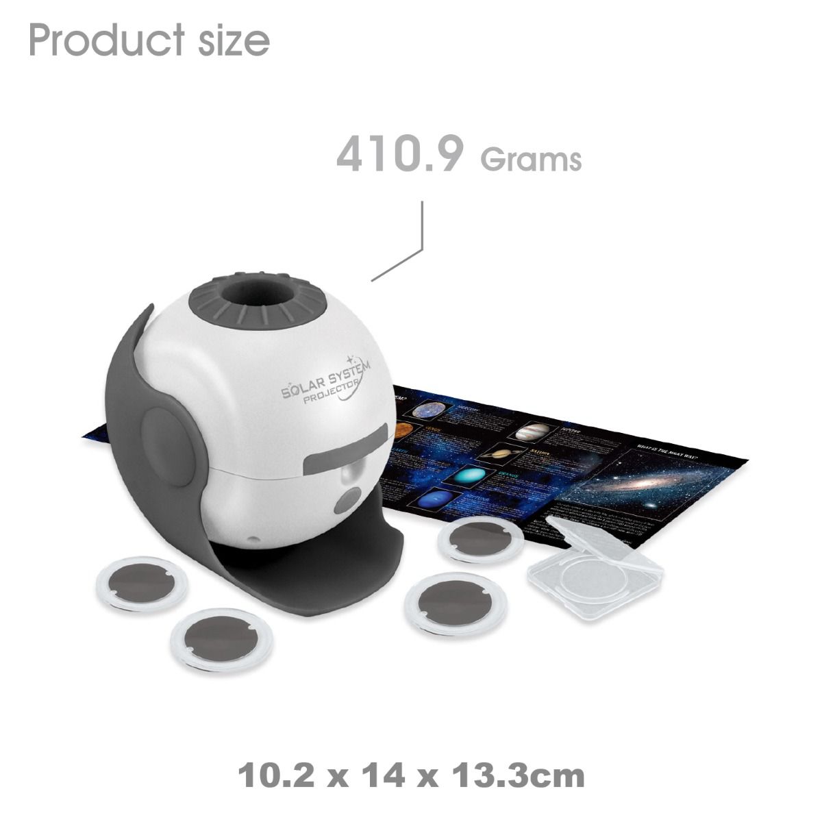 White and gray device with product size details on a white background