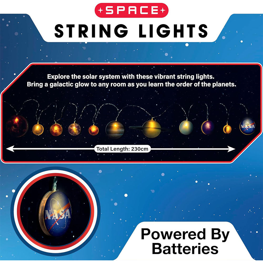 Space-themed string lights with NASA branding on a blue background