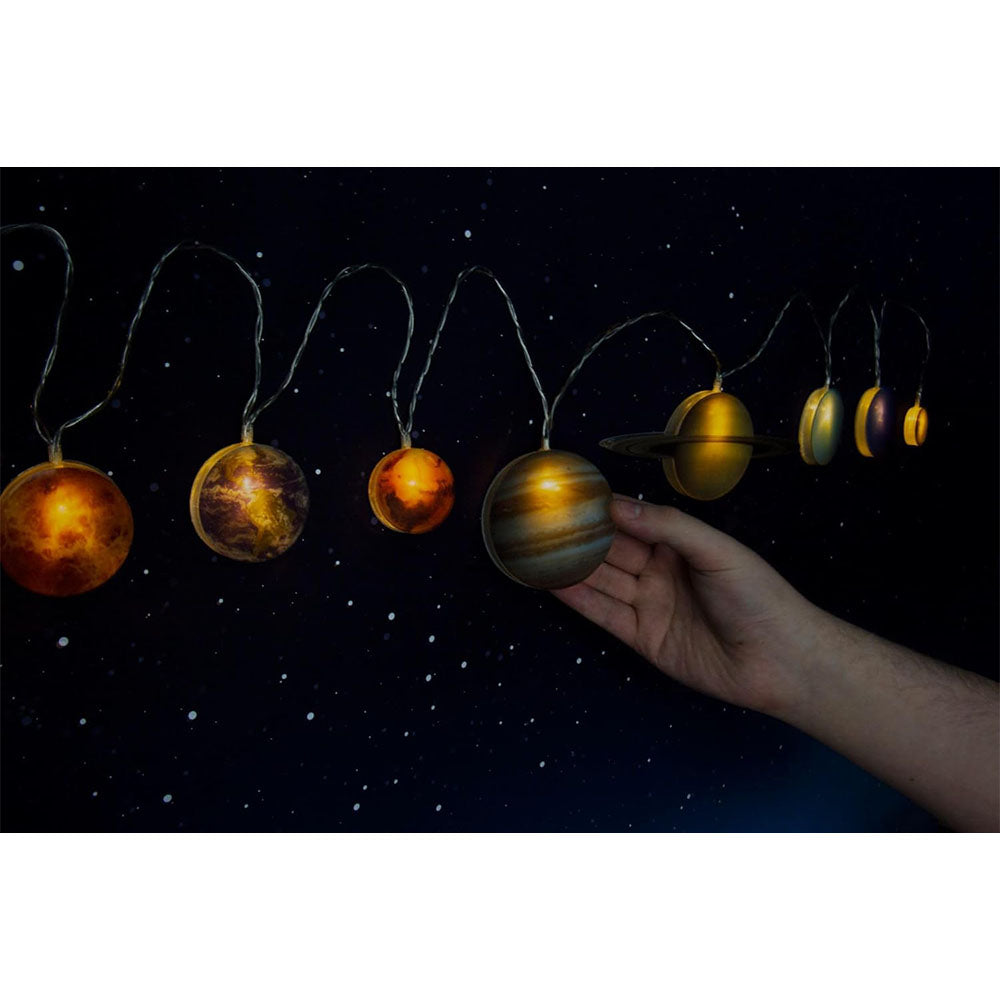 Decorative lights shaped like planets against a dark sky background