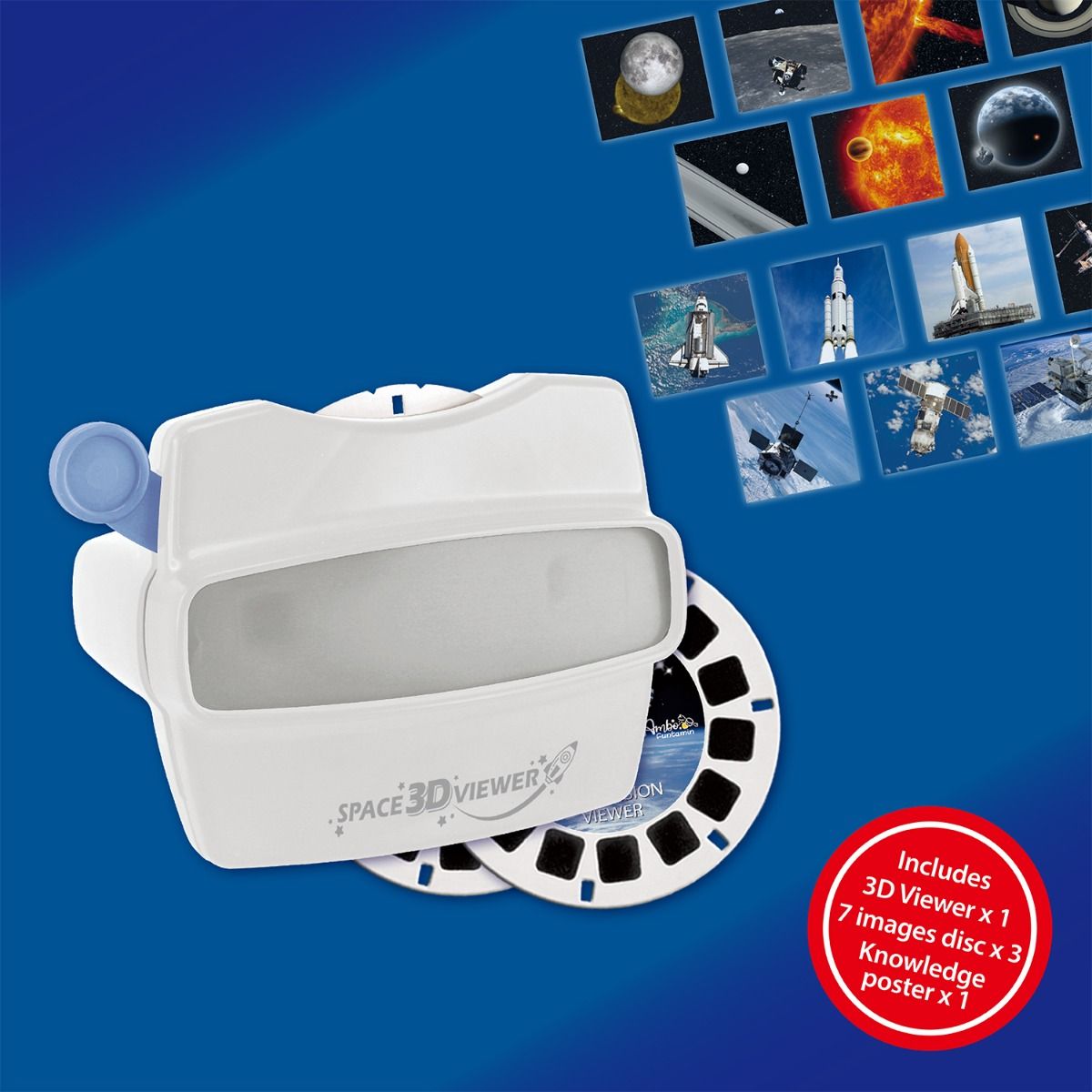 Space-themed 3D viewer set with images of celestial bodies and space vehicles on a blue background.