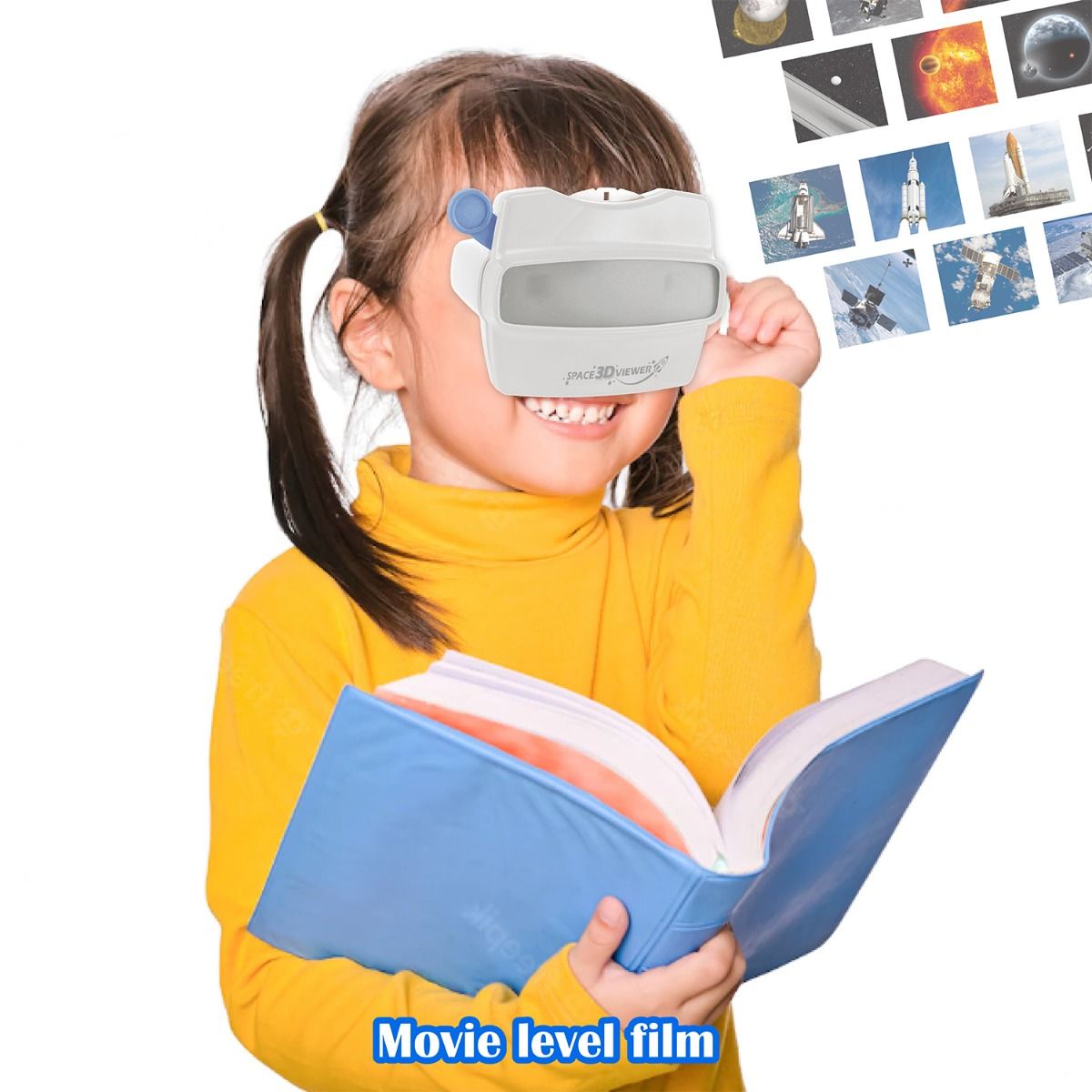 Child wearing a space-themed viewer over their eyes, holding a book with space-themed images on a white background.