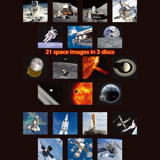 Collage of space-themed images including astronauts, spacecraft, and celestial bodies on a black background.