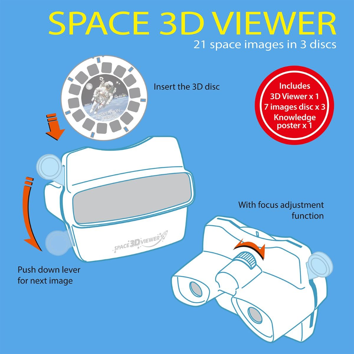 Space 3D Viewer with 3D disc and instructions on a blue background