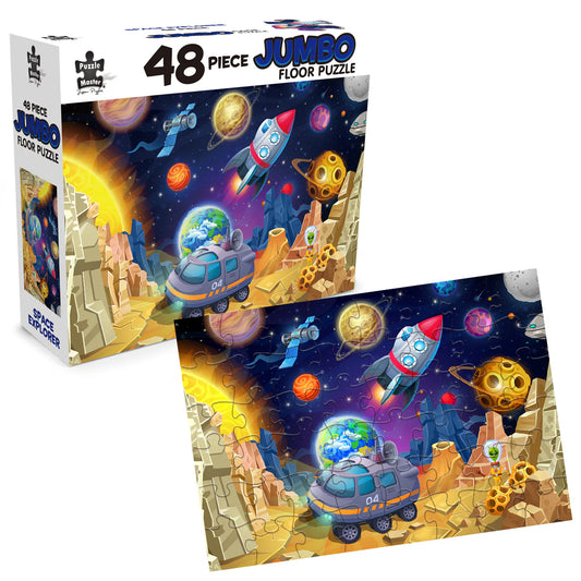 Space-themed 48-piece jumbo floor puzzle with packaging on a white background