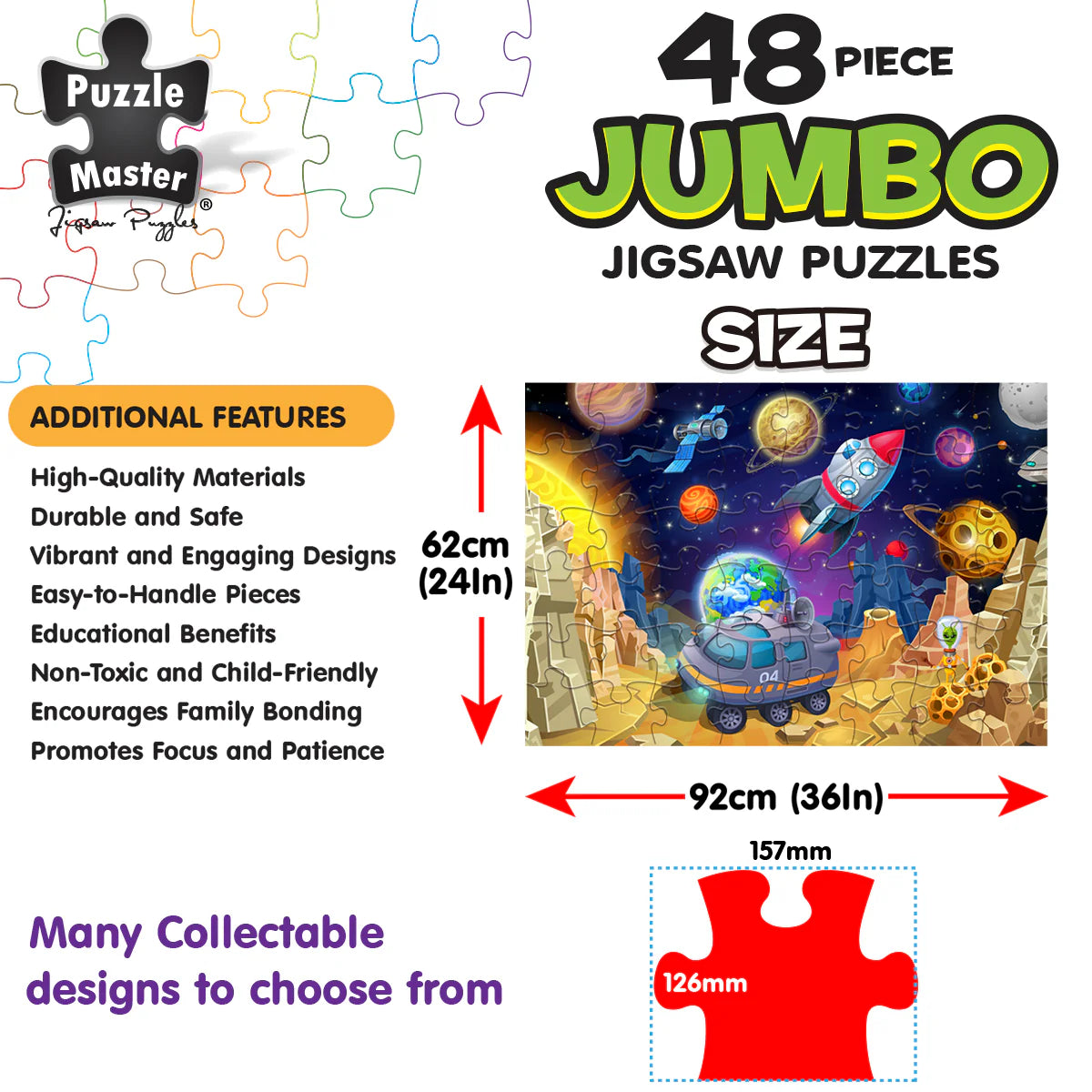 48 piece jumbo jigsaw puzzle set with space-themed design, Puzzle Master branding, and product features listed.