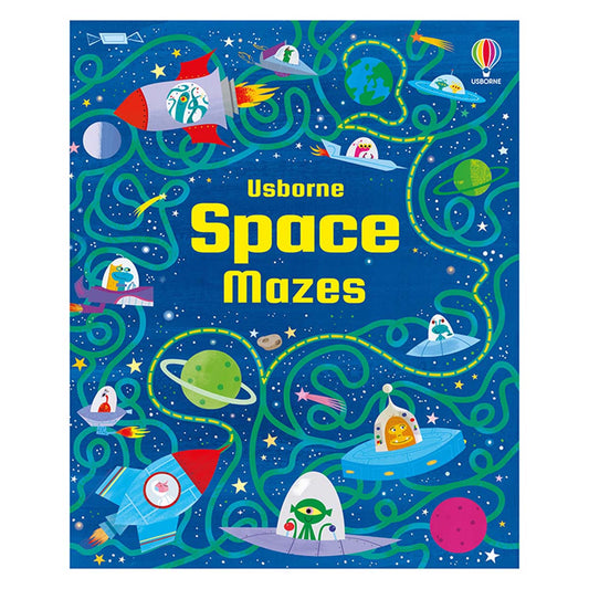 Book cover of 'Space Mazes' by Usborne with space-themed illustrations on a blue background.