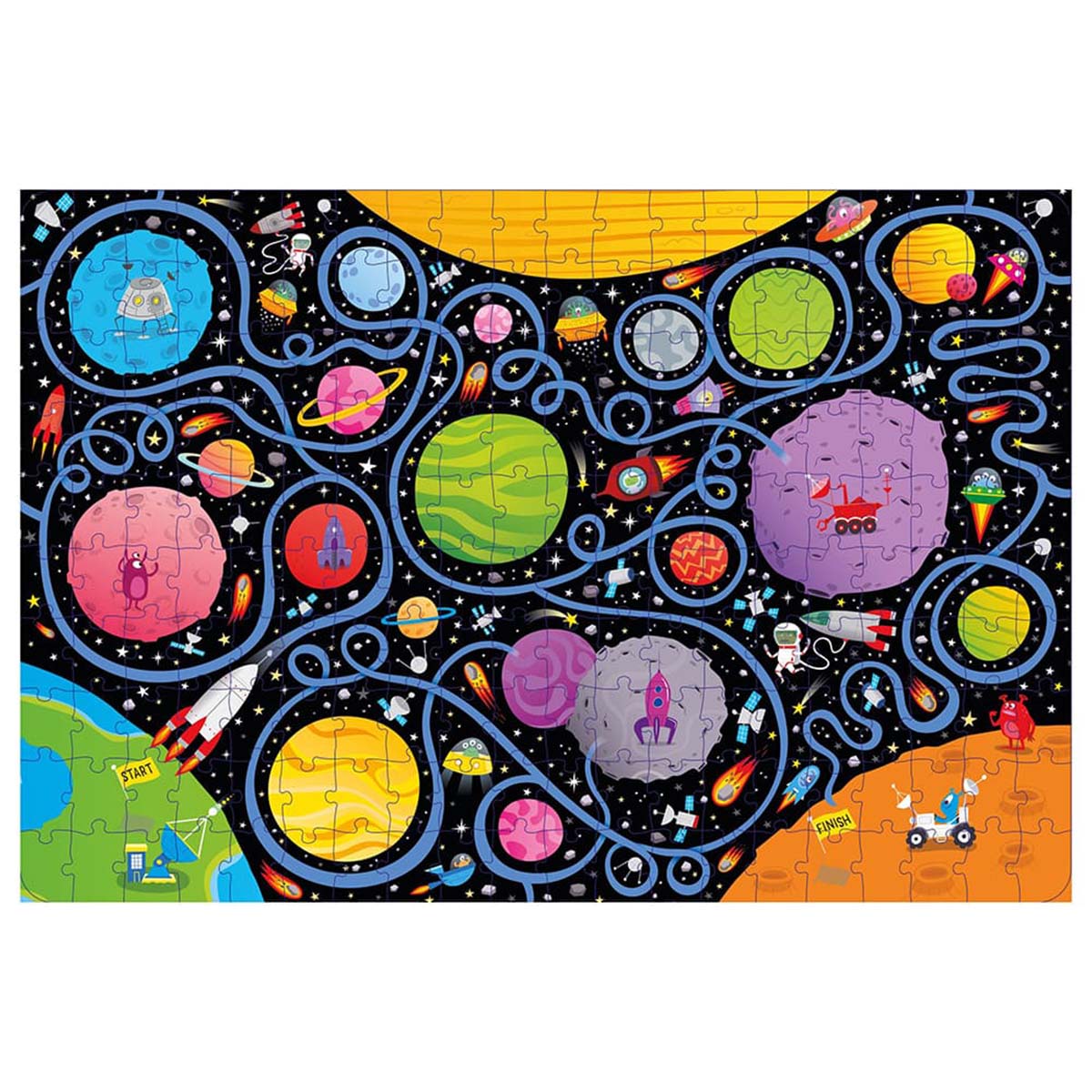 Space-themed children's puzzle with colorful planets and rockets on a black background