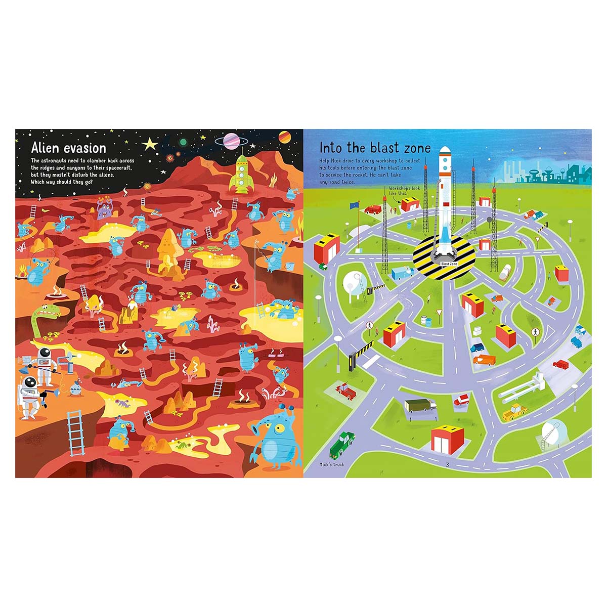 Two colorful illustrations of a children's book, one with an alien on a planet and the other with a cityscape and lighthouse.