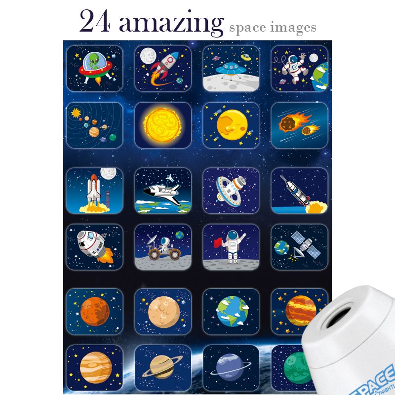 Collection of space-themed images on a dark blue background with a projector at the bottom.