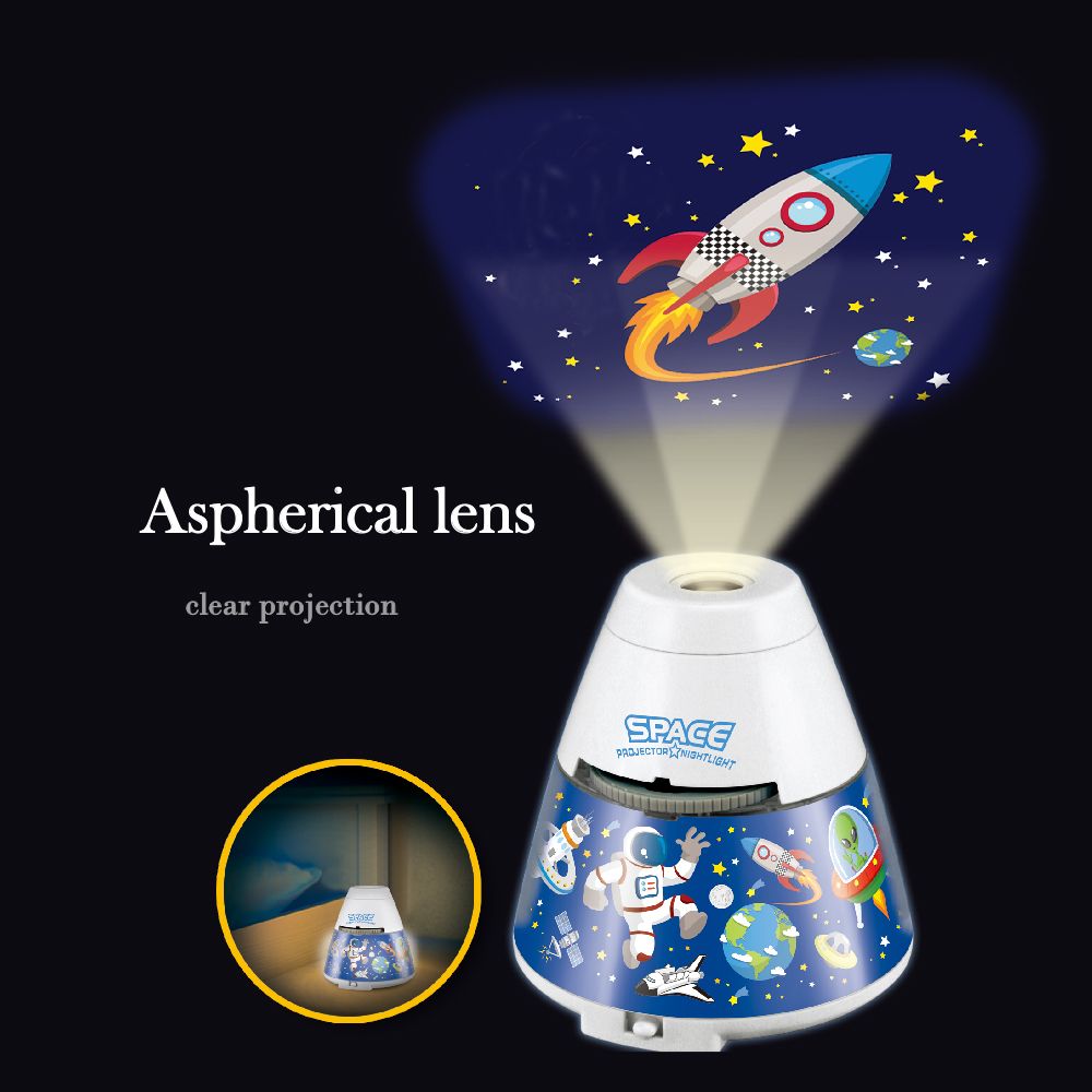 Space-themed night light projector with rocket and astronaut design, featuring an aspherical lens for clear projection.