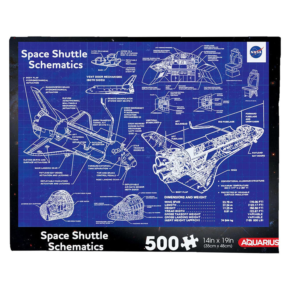 Space shuttle schematics puzzle packaging with NASA branding