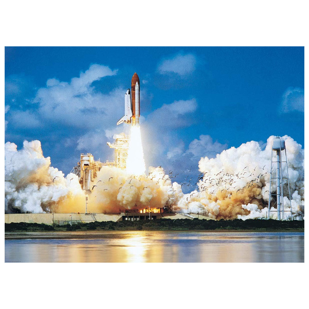 Space shuttle launch with smoke and fire at a launch pad.
