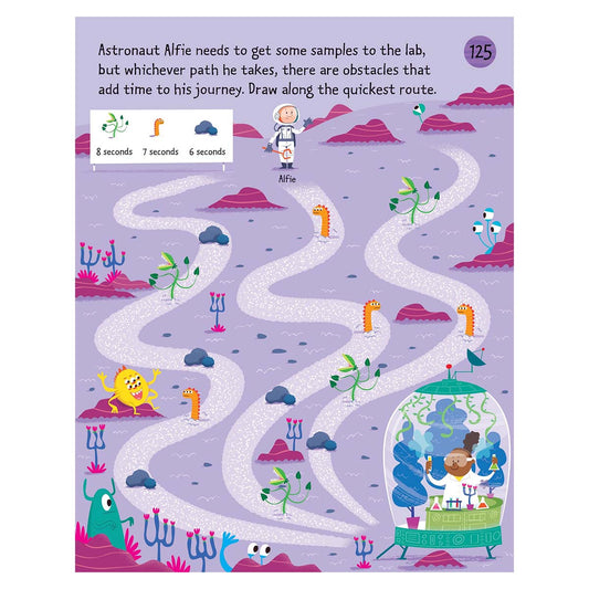 Illustrated path with characters and obstacles on a purple background