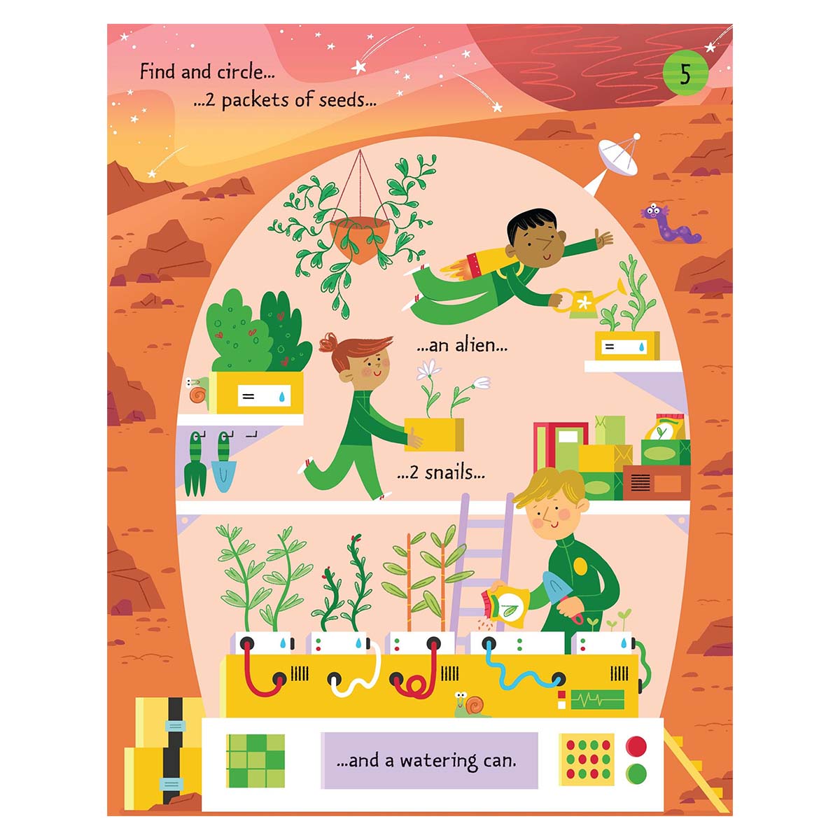 Illustrated page from a children's book with characters planting seeds on a space-themed background.