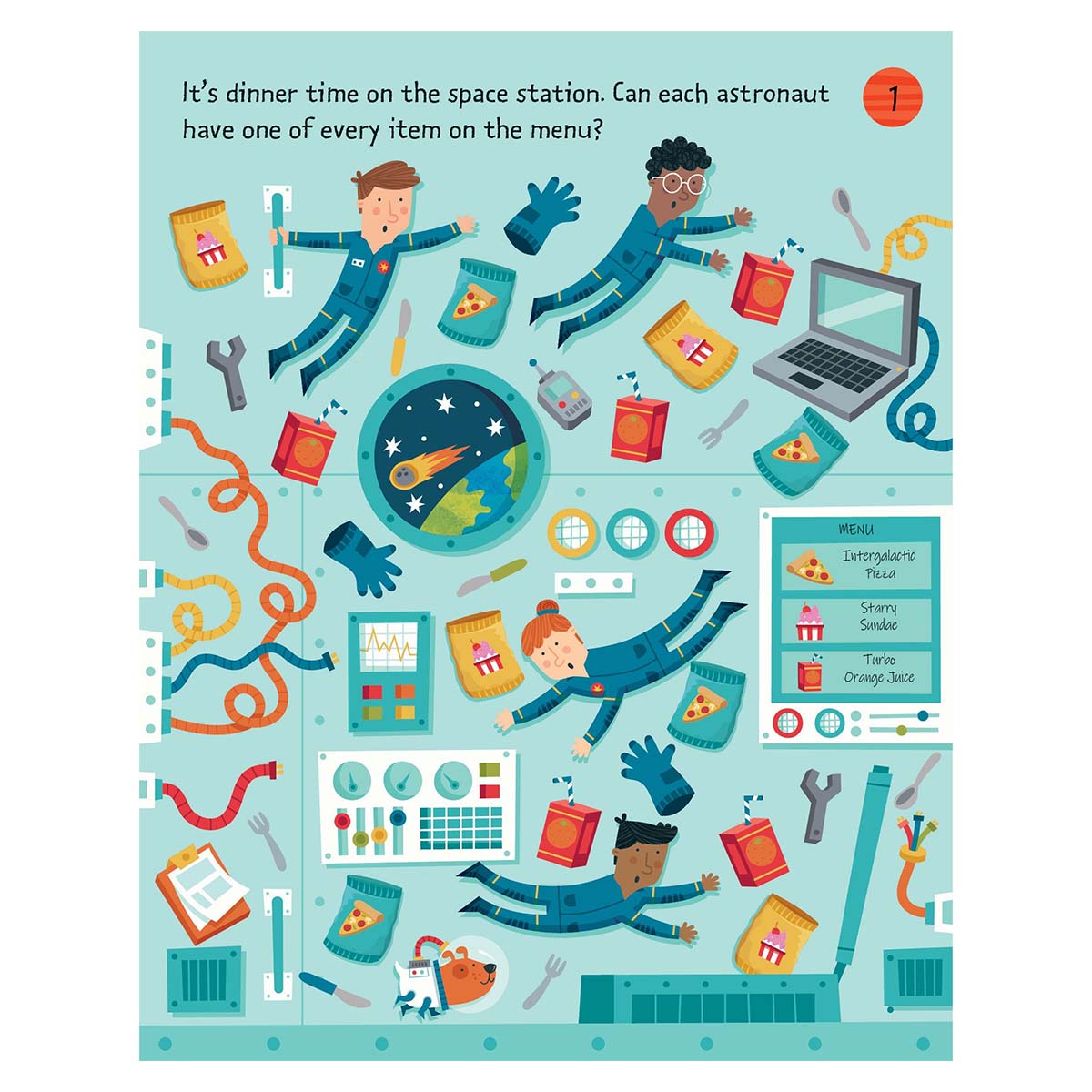 Illustration of astronauts on a space station with menu items and space-themed graphics.
