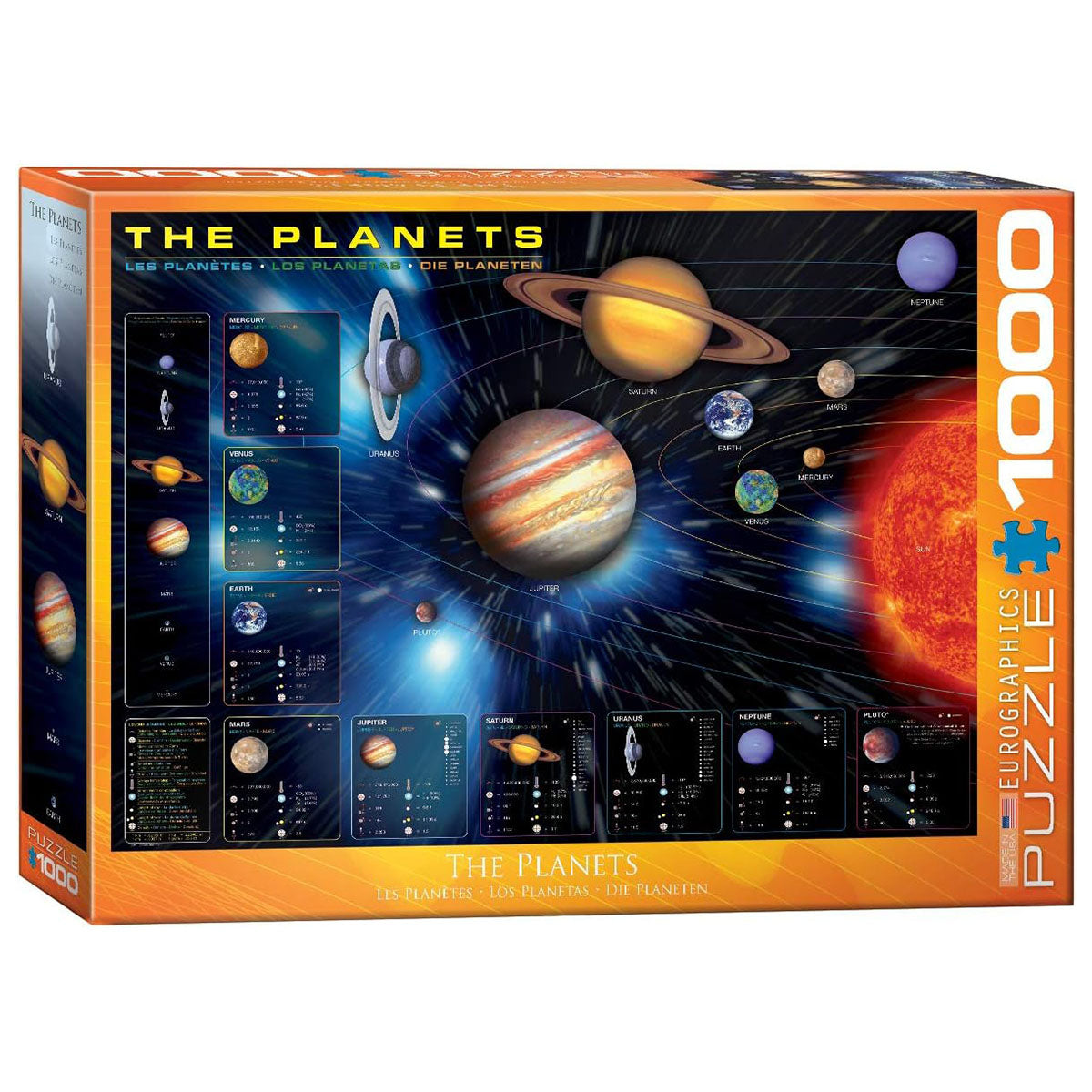 Puzzle box featuring illustrations of planets and the sun, with 'The Planets' text on an orange border.