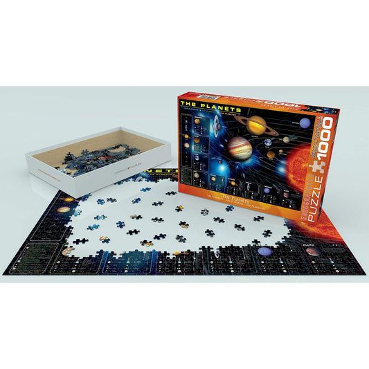 Jigsaw puzzle set with 'The Planets' theme on a white background