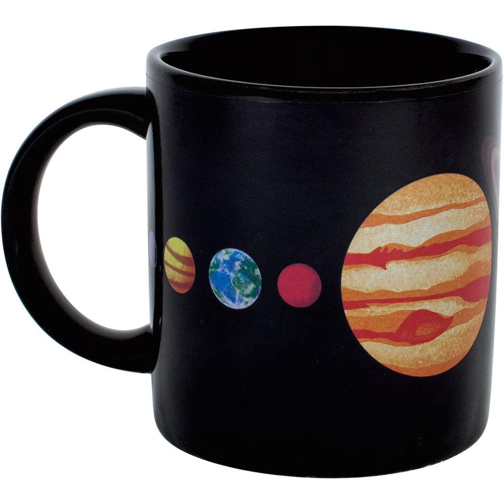 Black mug with solar system design featuring planets on a white background