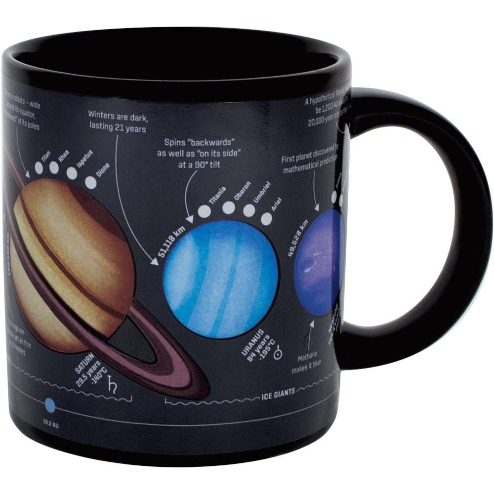 Black mug with solar system design featuring planets and text on a white background