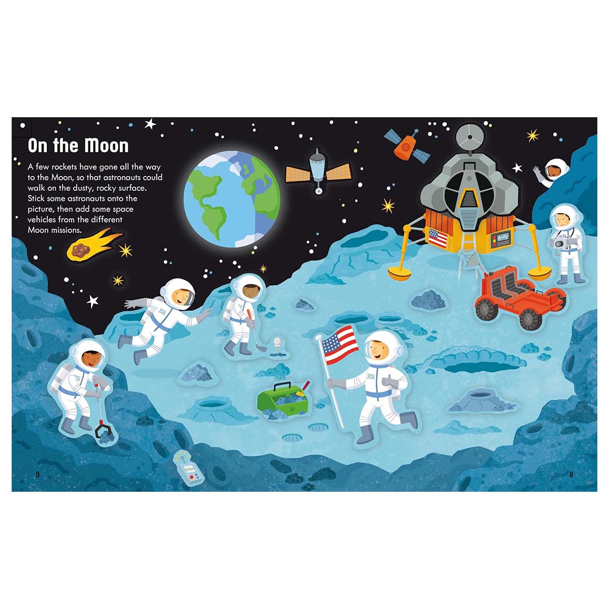 Illustration of astronauts on the moon with Earth in the background