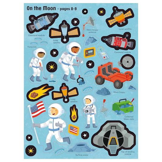 Educational sticker sheet titled 'On the Moon' with space-themed illustrations and labels on a blue background.