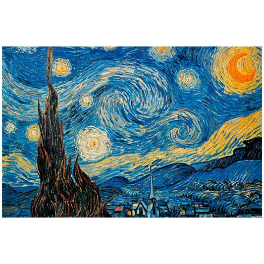 Starry Night painting by Vincent van Gogh with swirling night sky and village below.