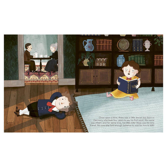 Illustration of a child reading a book in a room with a boy lying on the floor.