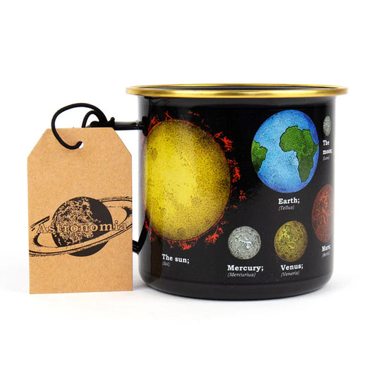 Enamel mug with solar system design and 'Astronomiks' tag on a white background