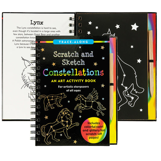 Scratch and Sketch Constellations art activity book with pen and star chart on a white background